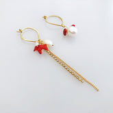 Asymmetrical Red Coral and Pearl Earrings